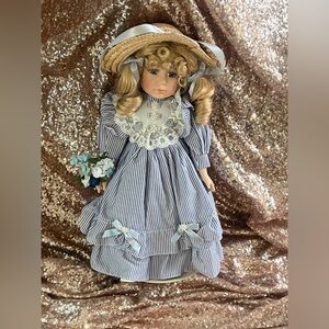 Vintage Striped Blue White Porcelain Doll Hat & stand